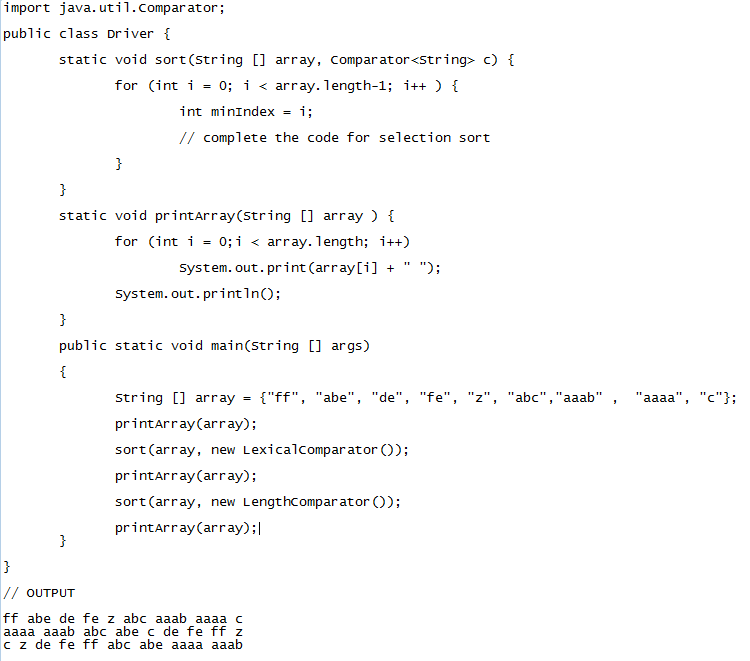  given the obove code make the sort and the 2 classes