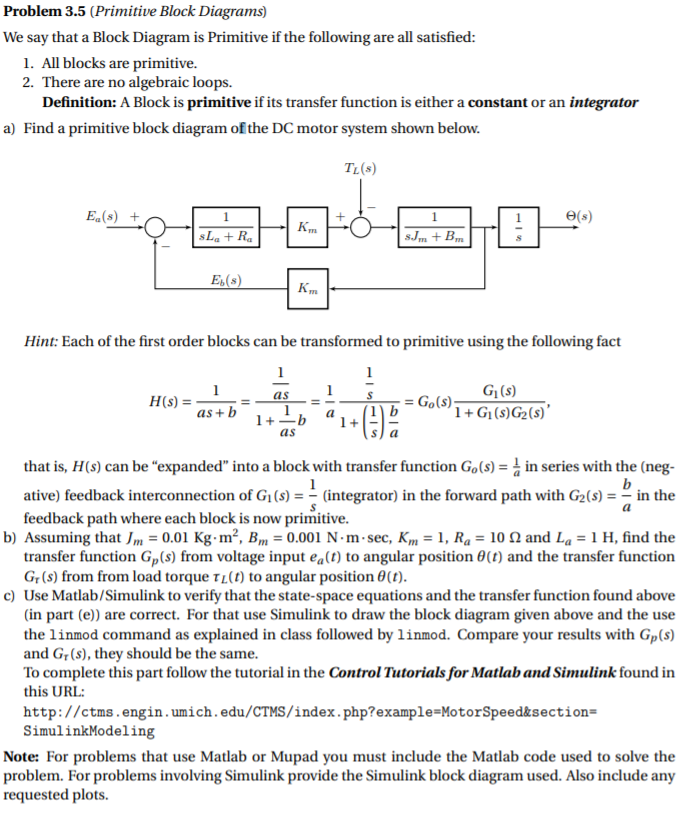  solve and provide the matlab code Problem 3.5 (Primitive Block Diagrams)