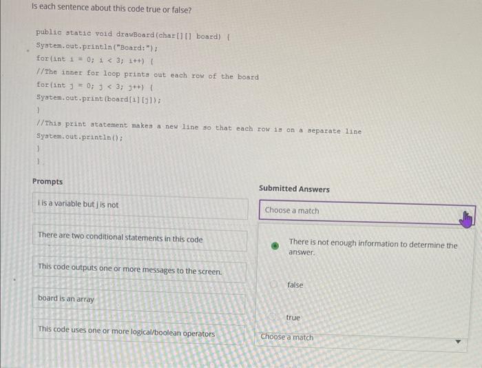 java Is each sentence about this code true or false? public statie