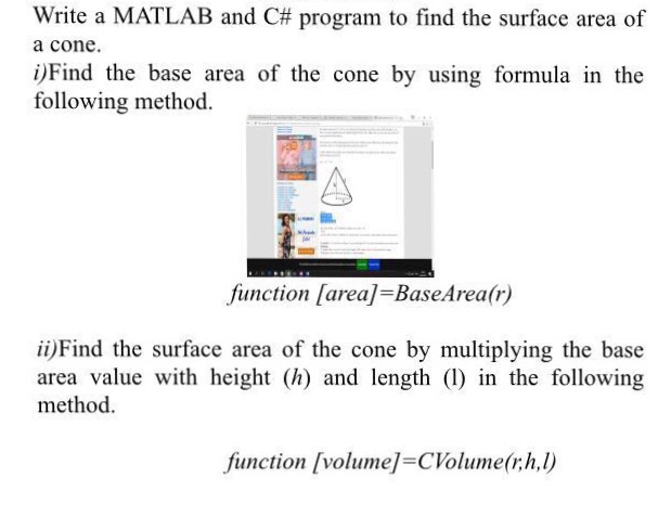  Write a MATLAB and C# program to find the surface area