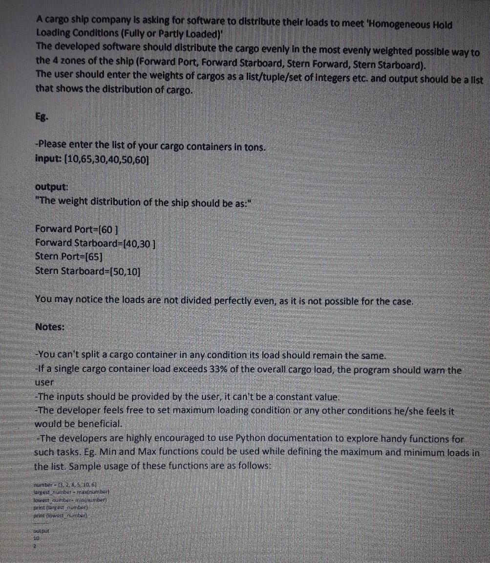  Language is Python A cargo ship company is asking for software