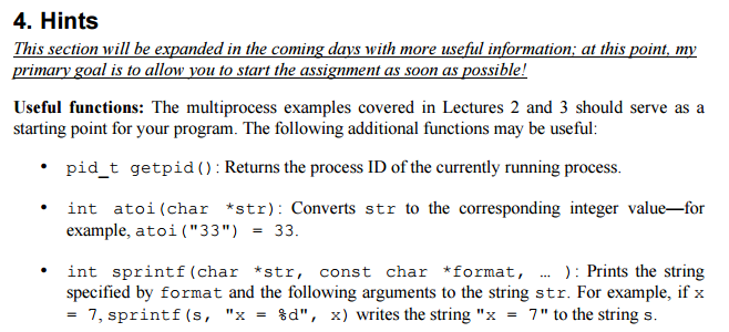 the PID) of each. At present the assignment does not contain any