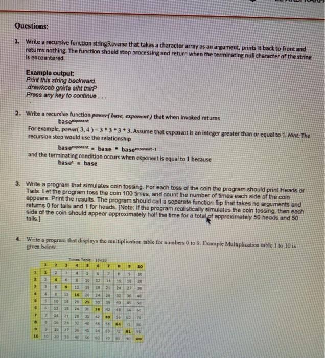  language C Questions: 1. Write a recursive function stringReverse that takes