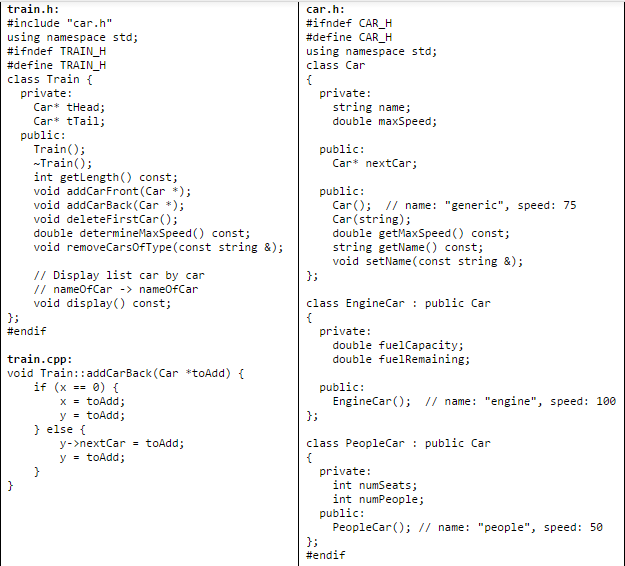  Please answer in C++ trail na.h #include "car.h" using namespace std;