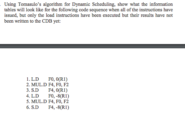  Using Tomasulo's algorithm for Dynamic Scheduling, show what the information tables