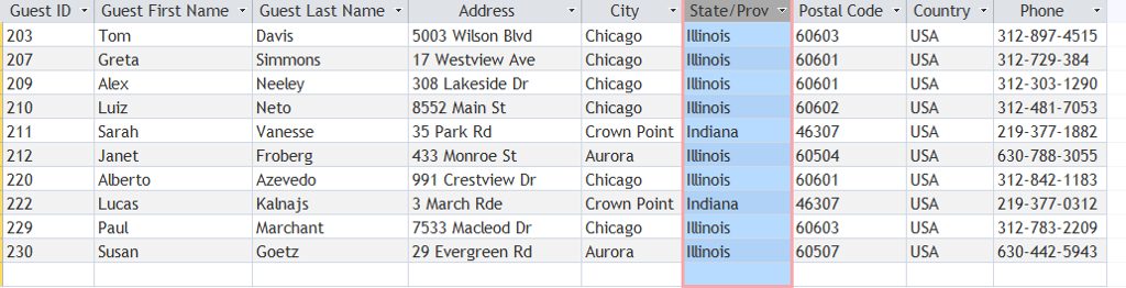 returns all guests from the state/province of Illionois or Indiana Write an