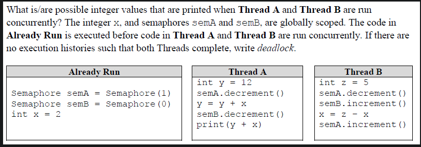  What is/are possible integer values that are printed when Thread A