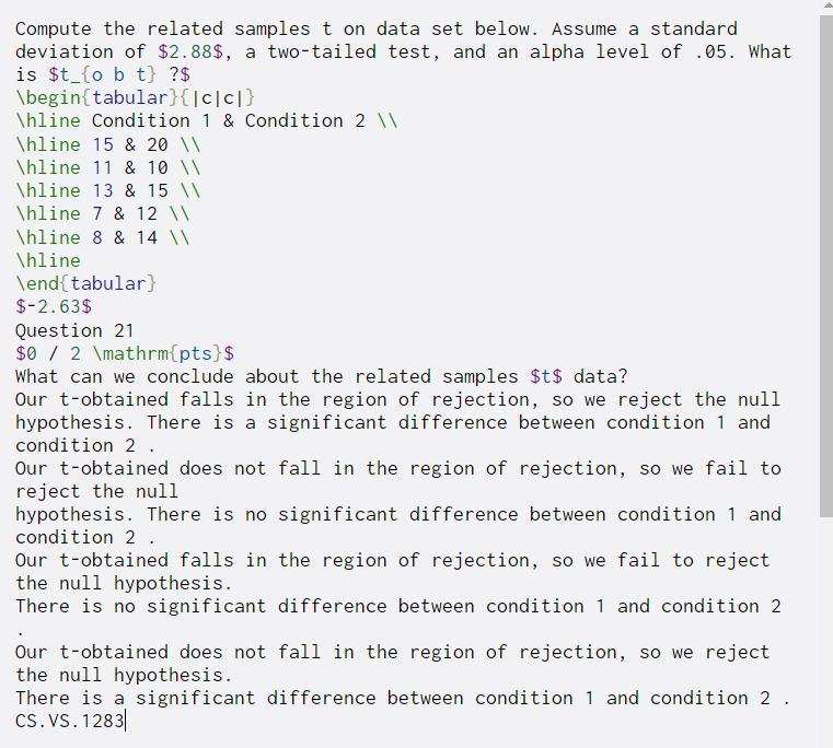  Compute the related samples t on data set below. Assume a