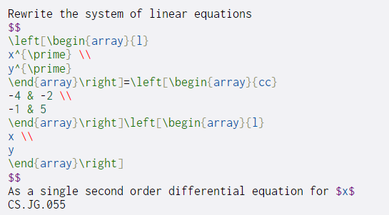  Rewrite the system of linear equations $$ \left[\begin{array}{1} x^{\prime] y^{\prime) \end{array}