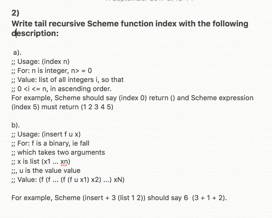 Write tail recursive Scheme function index with the following description: a);;Usage: