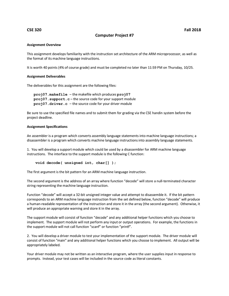  CSE 320 Fall 2018 Computer Project #7 Assignment Overview This assignment