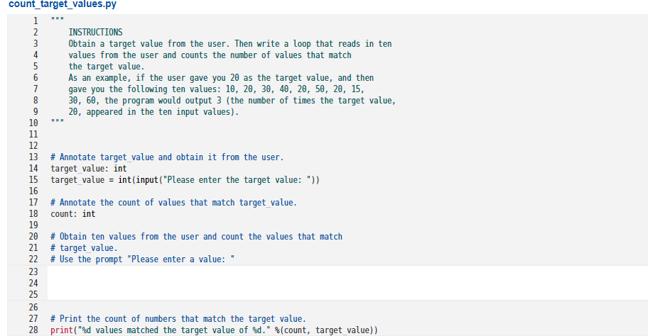  4 8 9 count_target_values.py 1 2 INSTRUCTIONS 3 Obtain a target