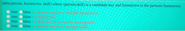 database table(person, hometown, skill) where (person,skill) is a candidate key and