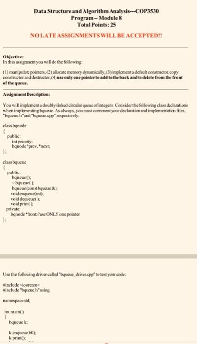 i meed help making this in c++ Data Structure and Algorithm Analysis---COP3530