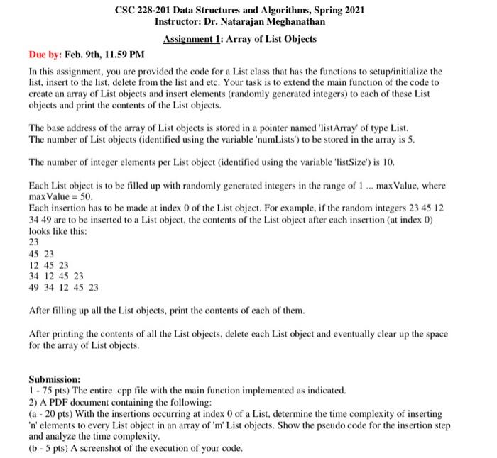  CSC 228-201 Data Structures and Algorithms, Spring 2021 Instructor: Dr. Natarajan