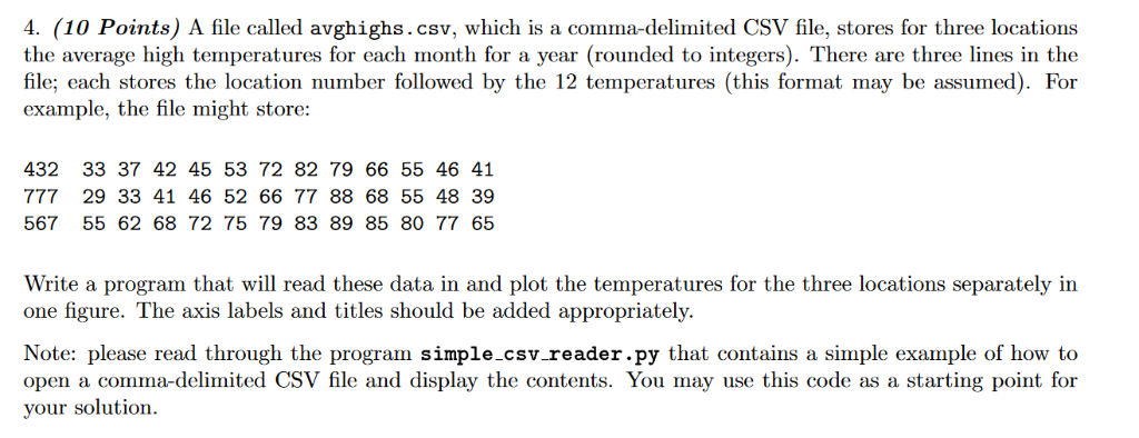 Sample CodePYTHON. input file 4. (10 Points) A file called avghighs.csv, which