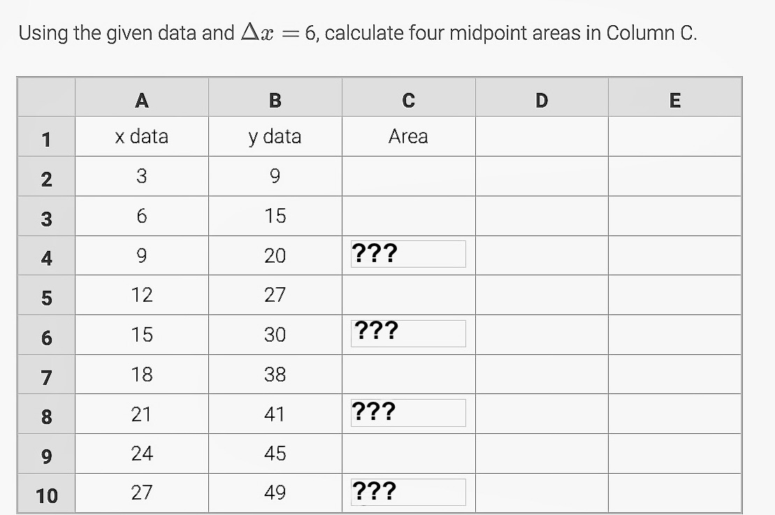  Using the given data and x=6, calculate four midpoint areas in