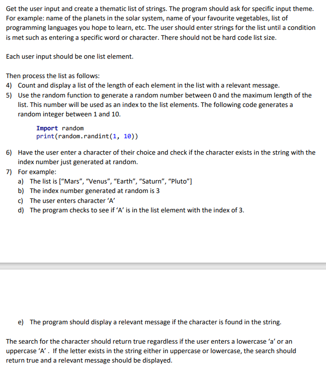 Python project: Get the user input and create a thematic list of
