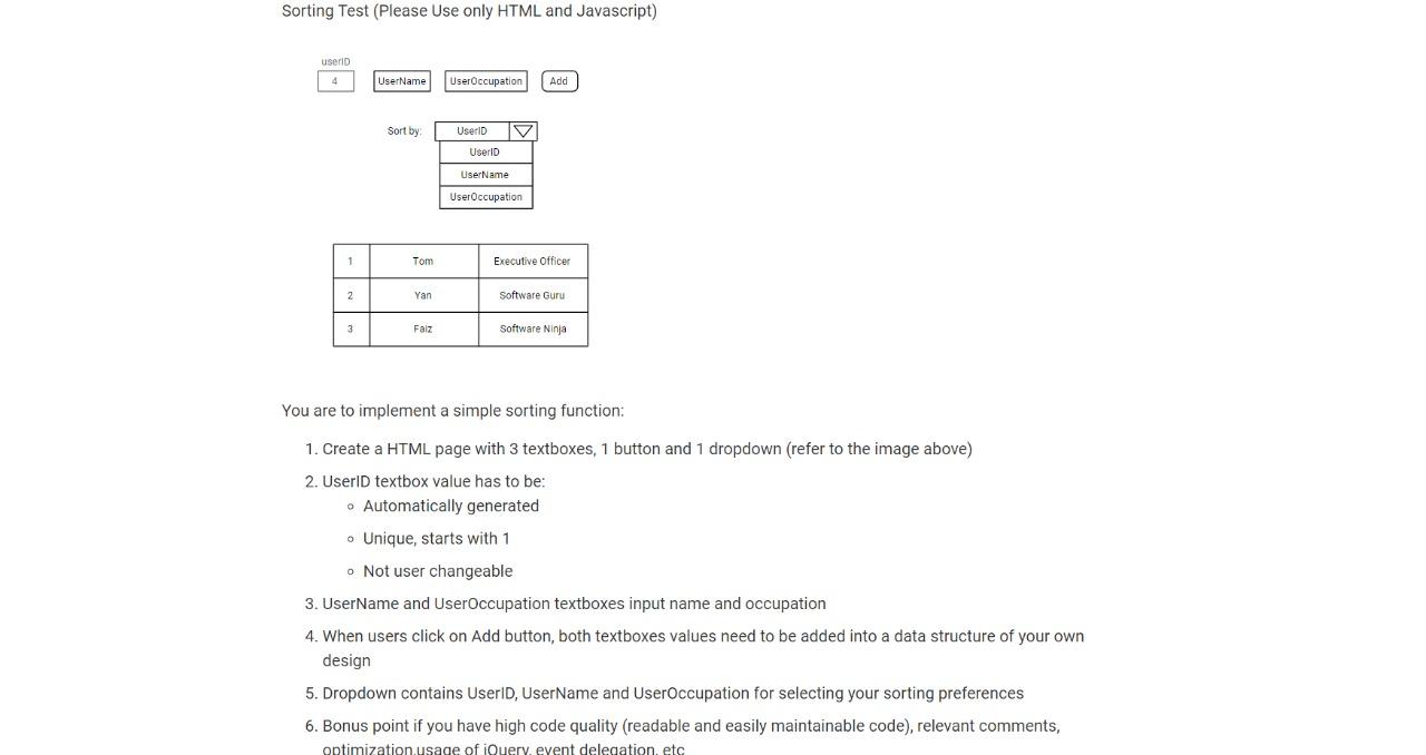 Create an HTML page and use Javascript to implement a sorting function.