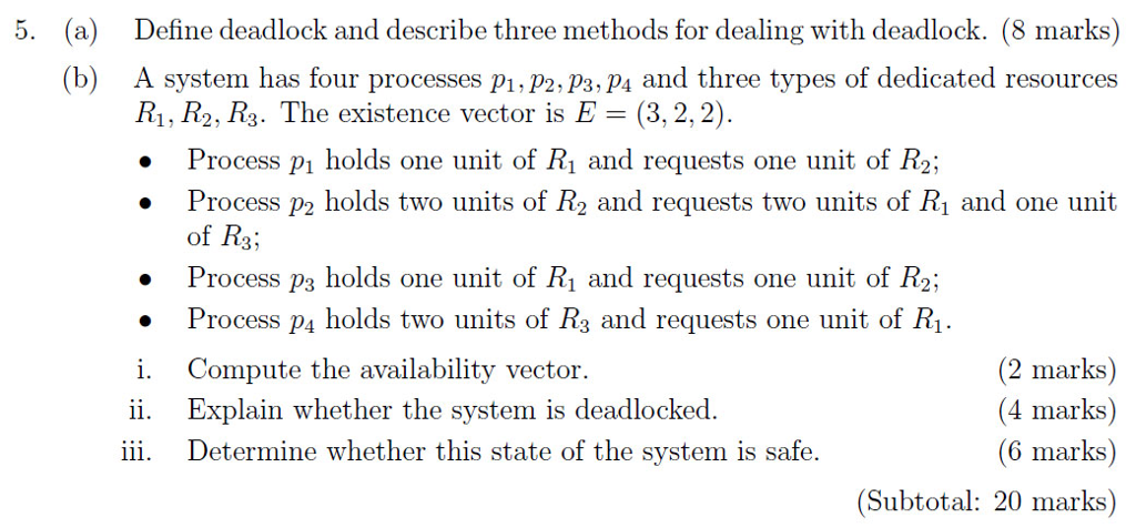  Define deadlock and describe three methods for dealing with deadlock. A