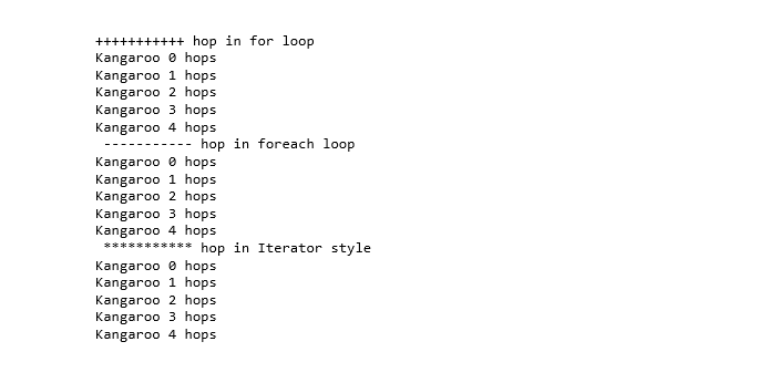 demonstrate Kangaroo hopping (for loop; for each; and Iterator style. (3 points