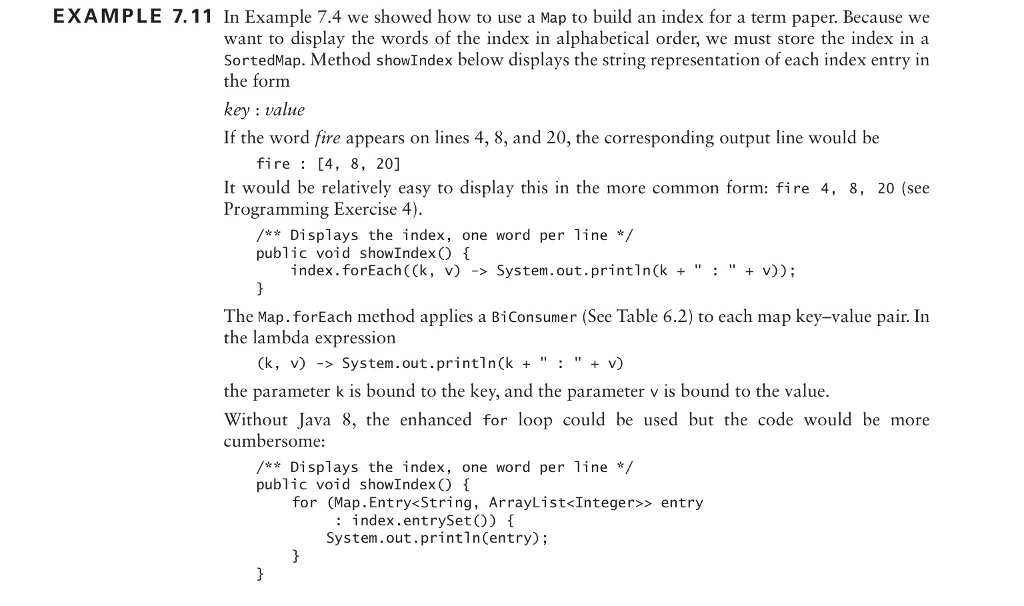 Java: Modify method showIndex so each output line displays a word followed