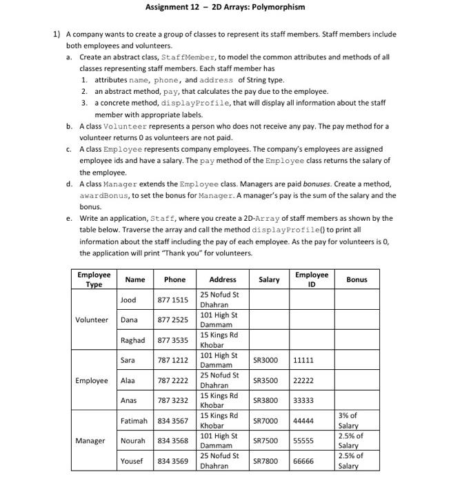 java Assignment 12 - 2D Arrays: Polymorphism 1) A company wants to
