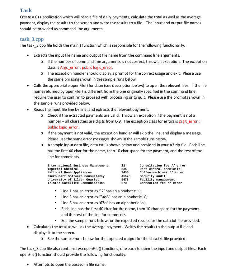  Task Create a C++ application which wi read a file of