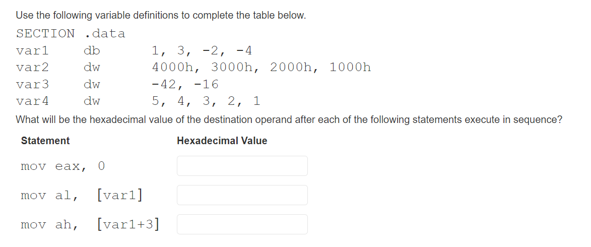  Use the following variable definitions to complete the table below. What
