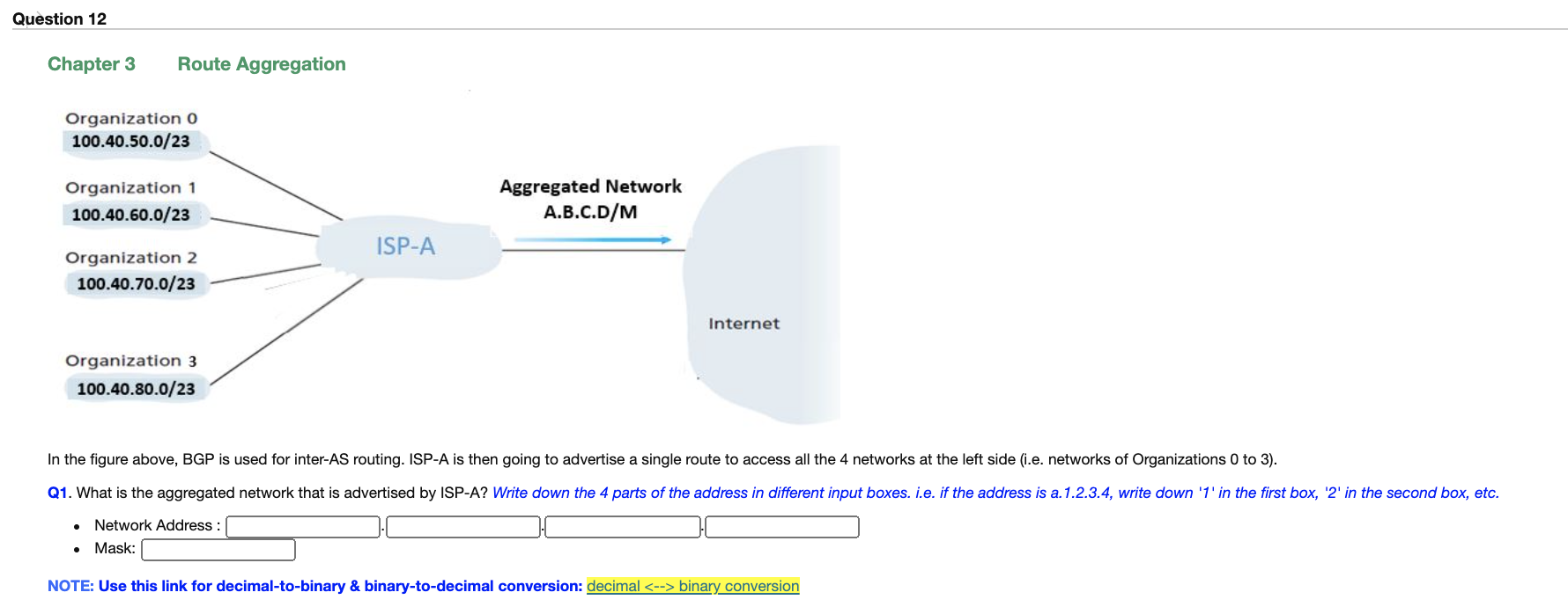 Q12 assignment 1 Networking 351 Question 12 Chapter 3 Route Aggregation Organization