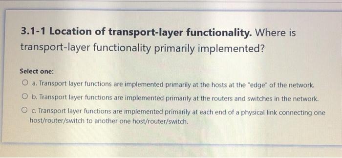  3.1-1 Location of transport-layer functionality. Where is transport-layer functionality primarily implemented?