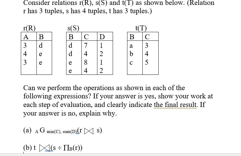  Consider relations r(R), s(S) and t(T) as shown below. (Relation r