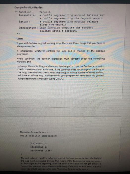 c++ with copyable code! Example Function Header: - Function: Deposit Parameters: &