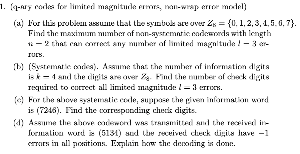 1. (q-ary codes for limited magnitude errors, non-wrap error model) (a)