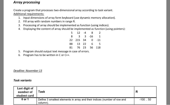  Array processing Create a program that processes two-dimensional array according to