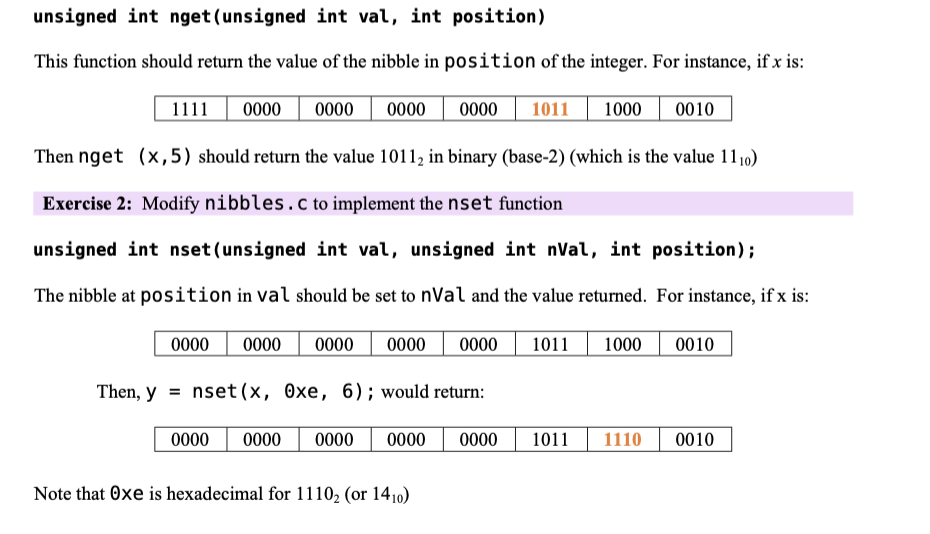  Implement the three functions in C unsigned int nget(unsigned int val,