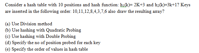  Consider a hash table with 10 positions and hash function: hi(k)=