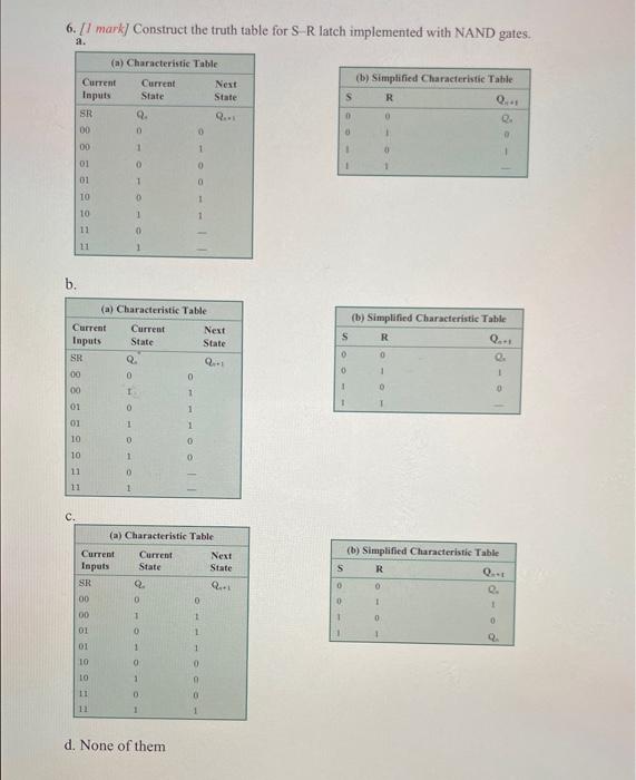 S - R 6. [I mark] Construct the truth table for SR