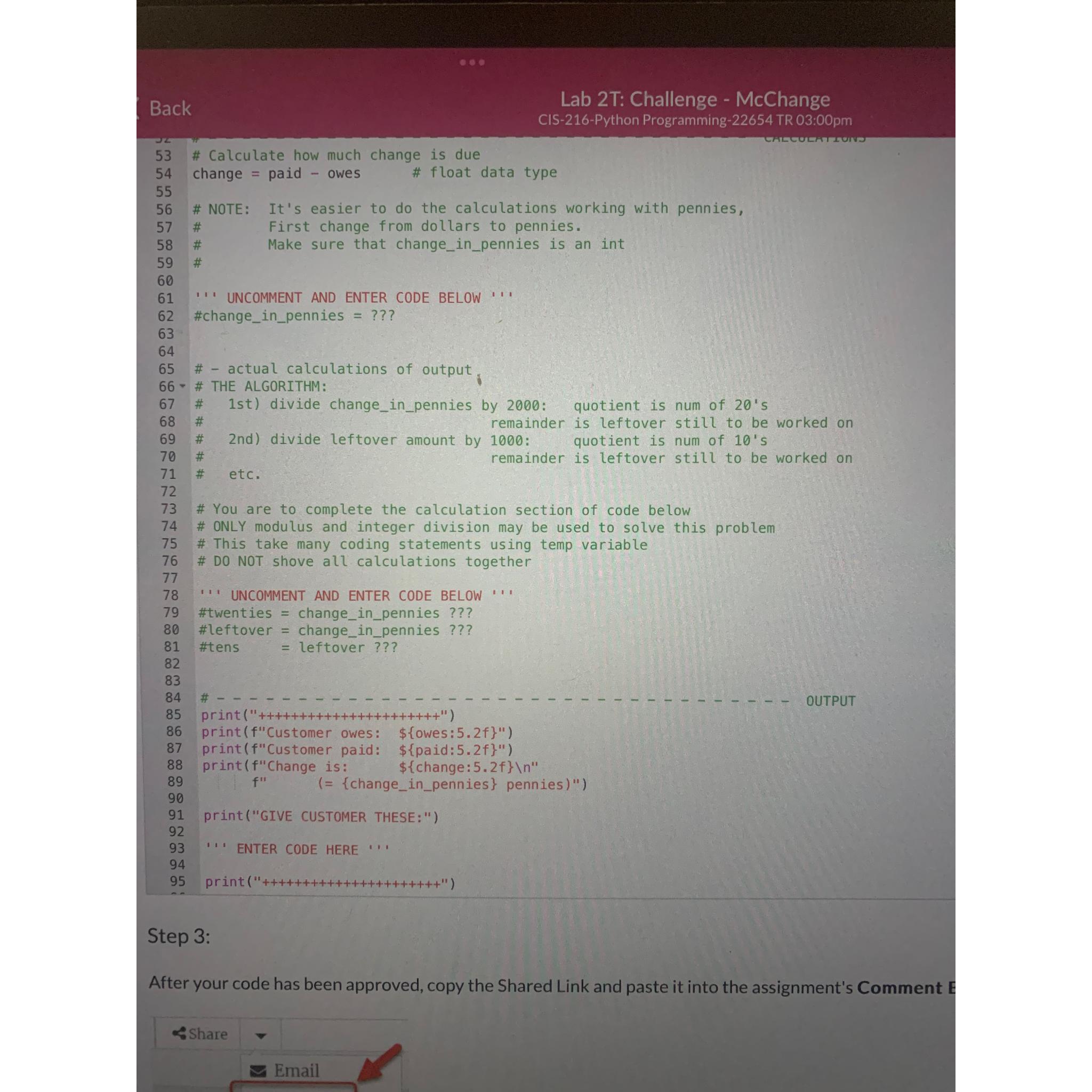  Lab 2T: Challenge - McChange Back CIS-216-Python Programming-22654 TR 03:00pm #