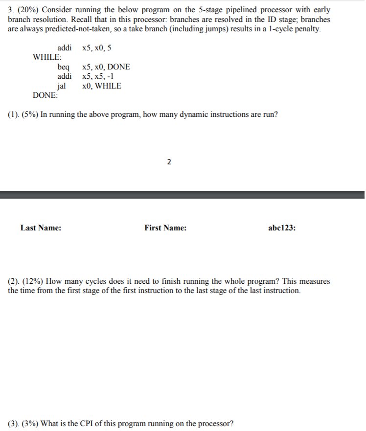 3. (20%) Consider running the below program on the 5-stage pipelined