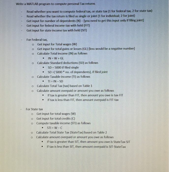  Write a MATLAB program to compute personal Tax returns Read whether