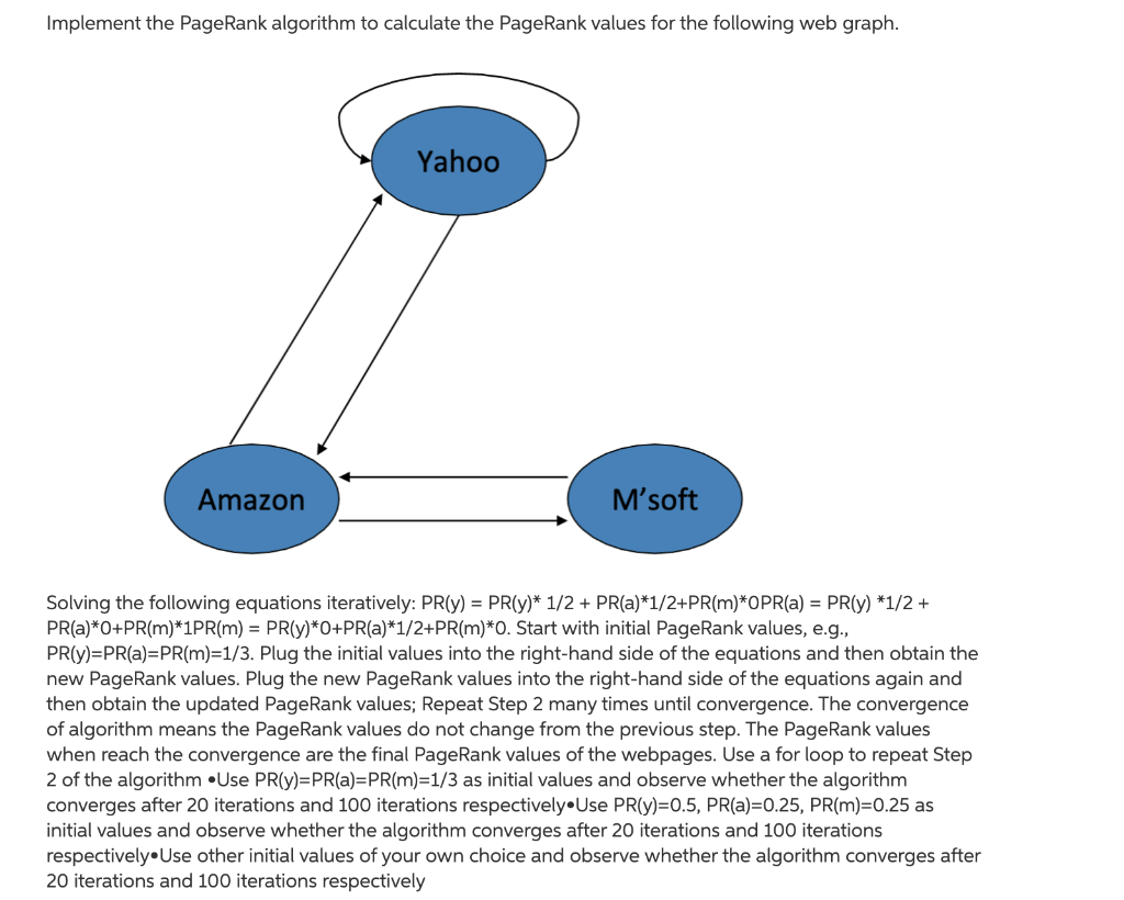  Implement the PageRank algorithm to calculate the PageRank values for the