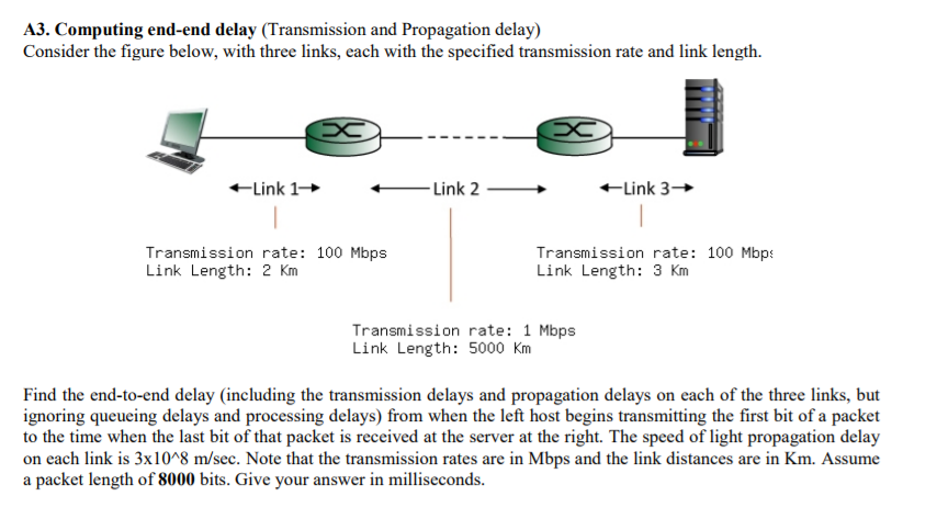  A3. Computing end-end delay (Transmission and Propagation delay) Consider the figure