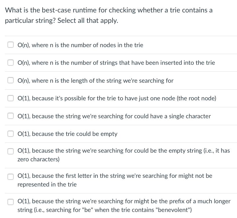 What is the best-case runtime for checking whether a trie contains a