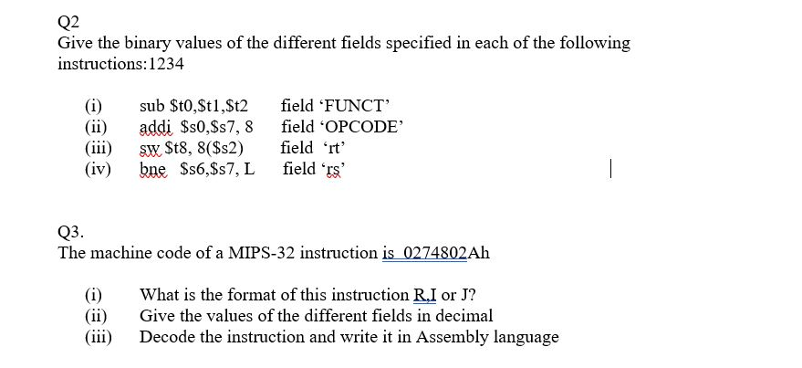  Q2 Give the binary values of the different fields specified in