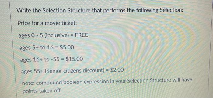 Java Write the Selection Structure that performs the following Selection: Price for