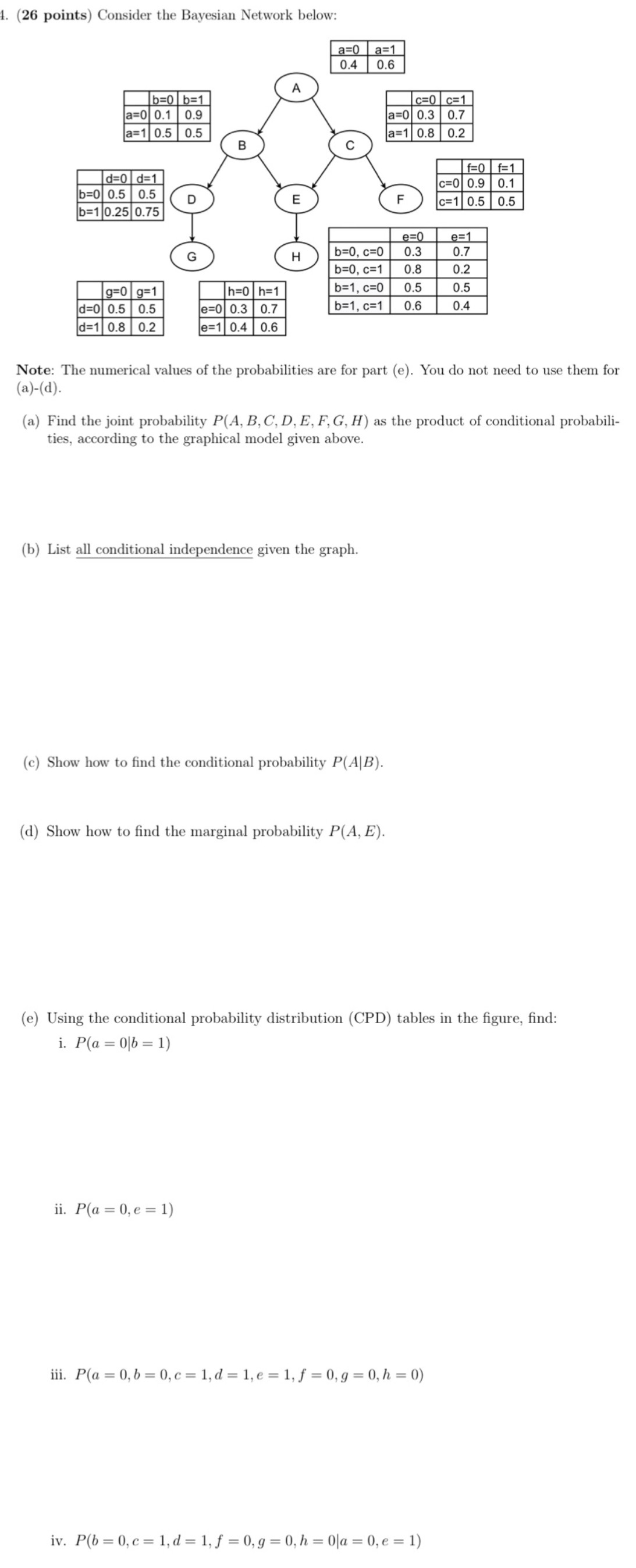  (26 points) Consider the Bayesian Network below: Note: The numerical values