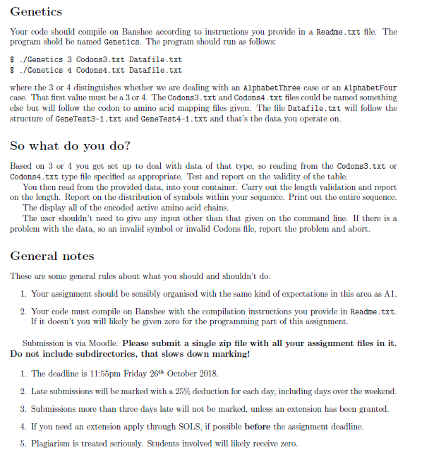  code using c++ Genetics Your code should compile on Banshee according