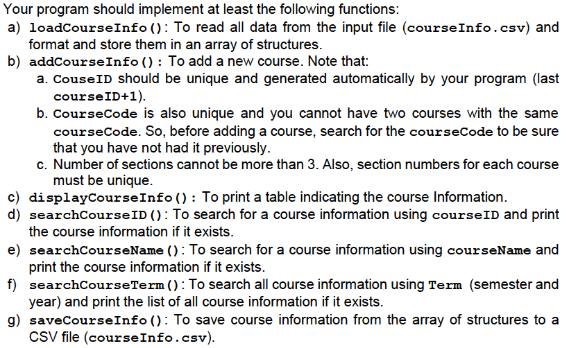 format a Comma Separated Values (csv) file of course information and store
