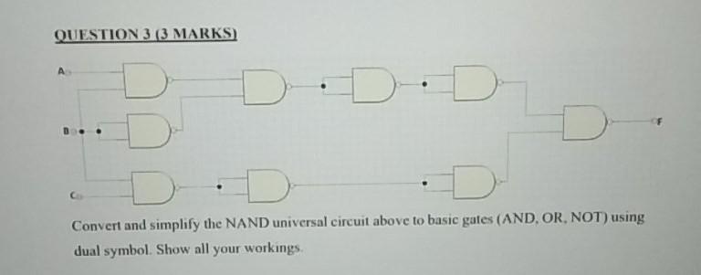 please QUESTION 3 (3 MARKS) Convert and simplify the NAND universal